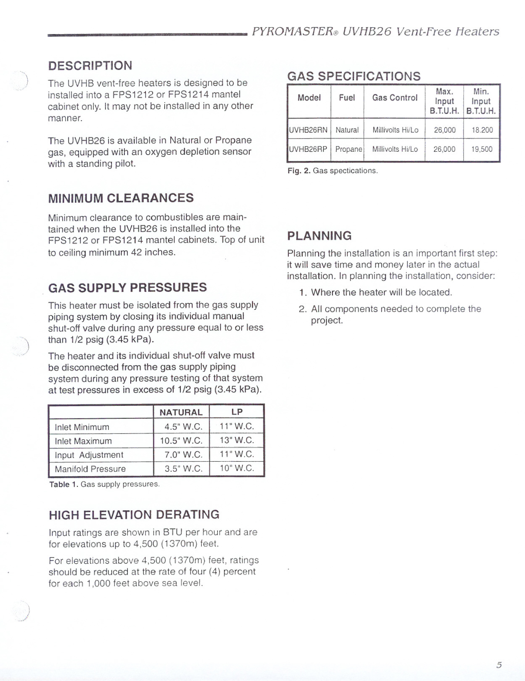 CFM UVHB26 warranty Description, GAS Specifications, Planning, High Elevation Derating 