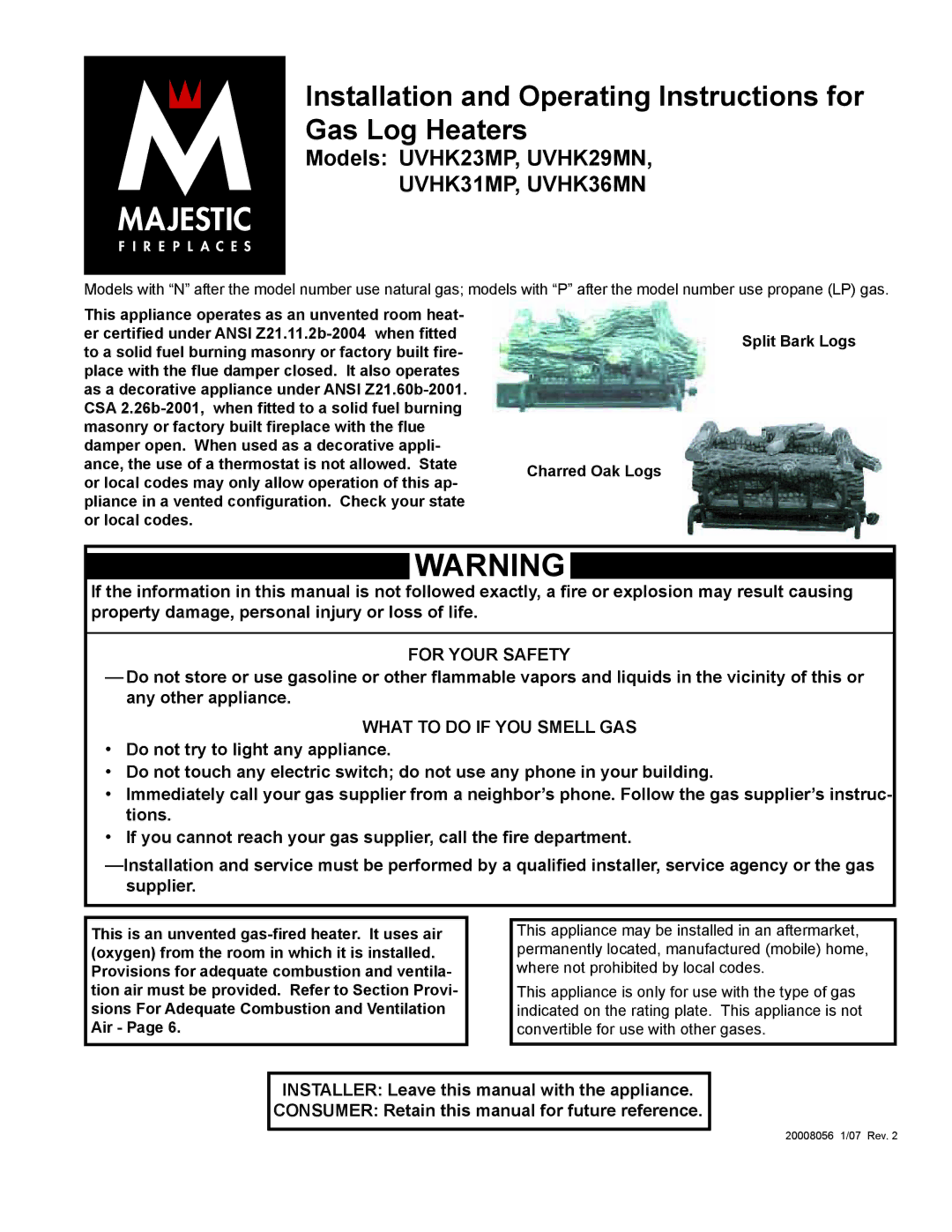 CFM UVHK36MN, UVHK29MN, UVHK23MP, UVHK31MP manual Installation and Operating Instructions for Gas Log Heaters 