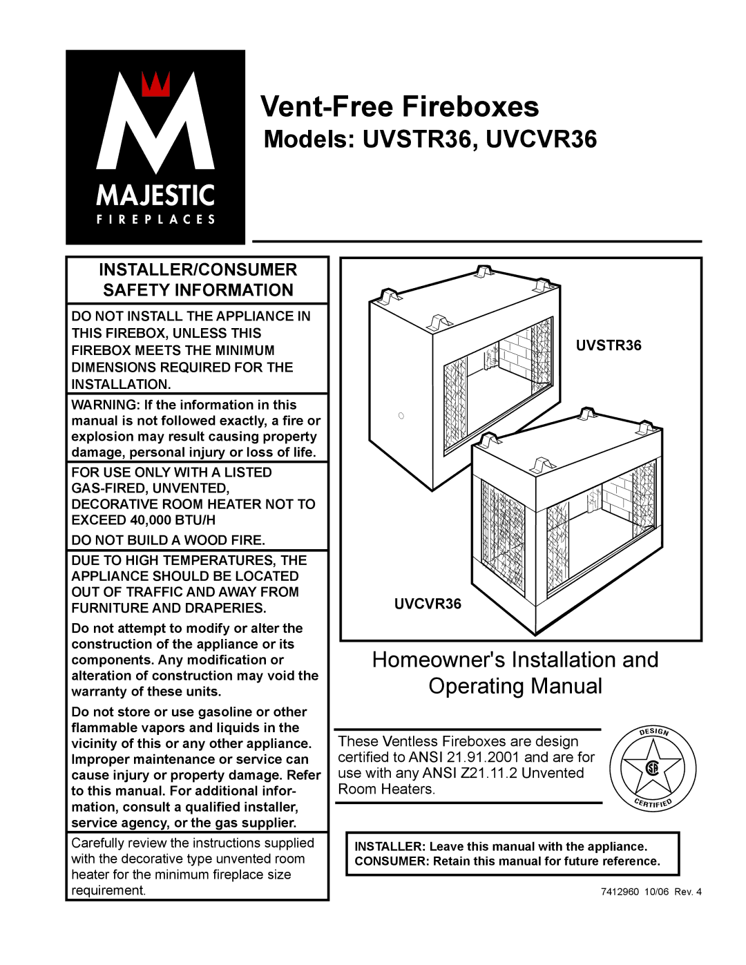 CFM UVCVR36, UVSTR36 dimensions Vent-Free Fireboxes 