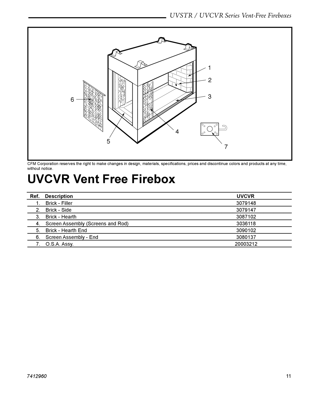 CFM UVCVR36, UVSTR36 dimensions Uvcvr Vent Free Firebox 