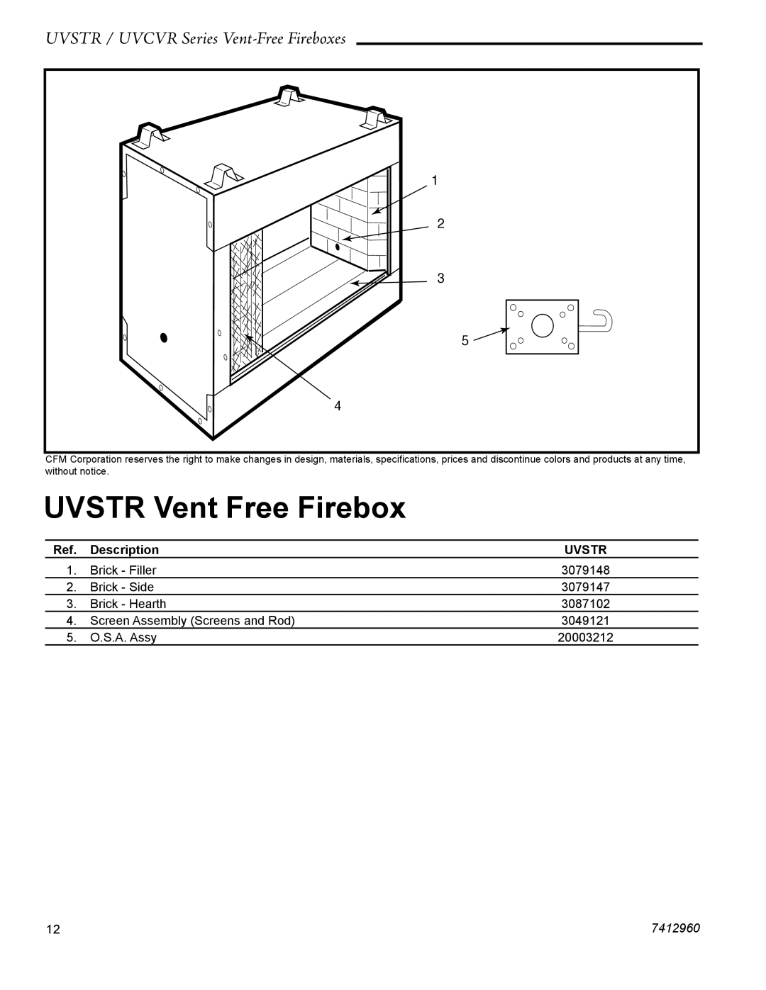 CFM UVSTR36, UVCVR36 dimensions Uvstr Vent Free Firebox 