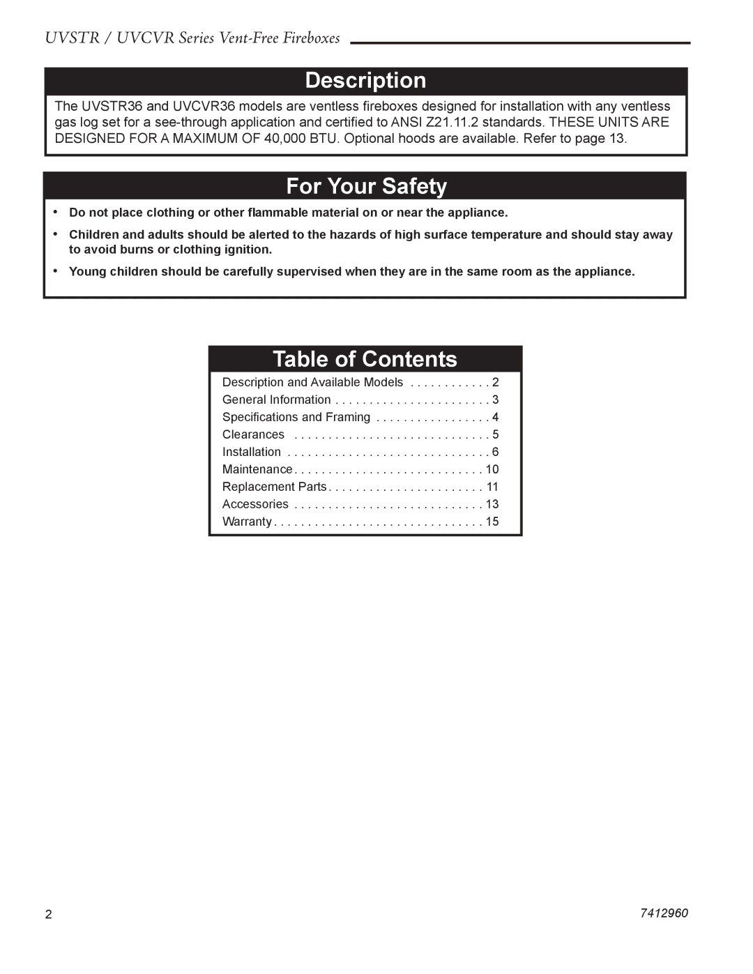 CFM UVSTR36, UVCVR36 dimensions Description, For Your Safety, Table of Contents 