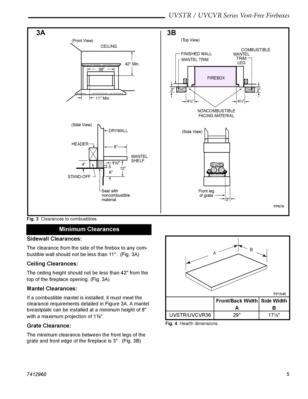 CFM UVCVR36, UVSTR36 dimensions Uvstr / Uvcvr Series Vent-Free Fireboxes, Minimum Clearances 