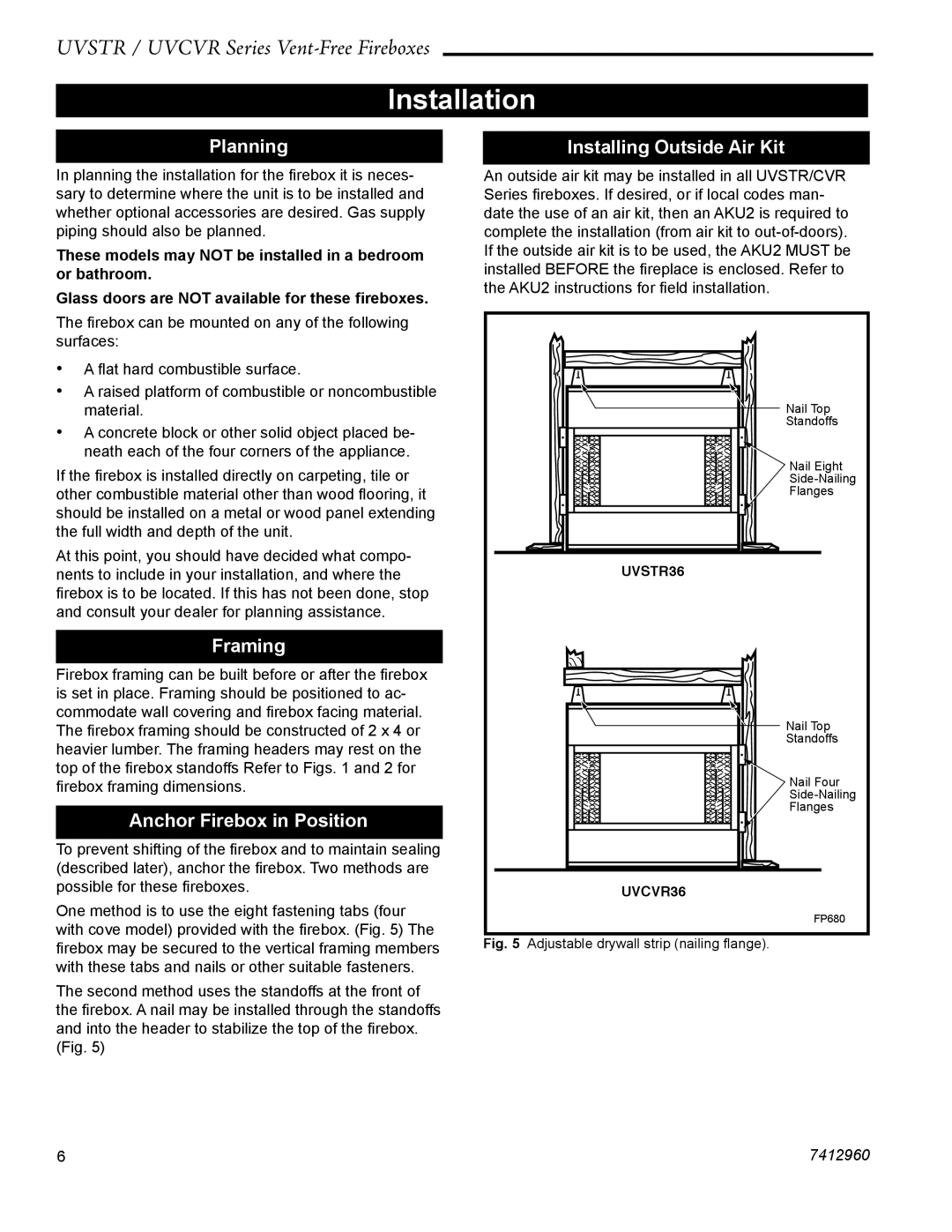 CFM UVSTR36, UVCVR36 dimensions Installation, Planning, Framing, Anchor Firebox in Position, Installing Outside Air Kit 