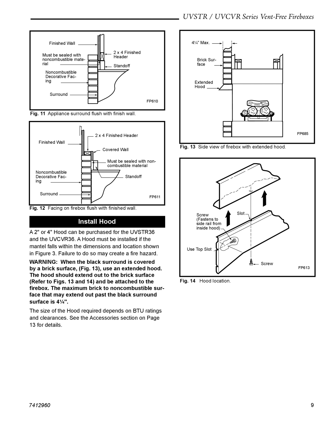 CFM UVCVR36, UVSTR36 dimensions Install Hood, Appliance surround ﬂush with ﬁnish wall 