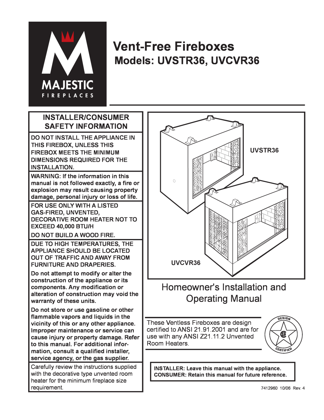 CFM dimensions Vent-Free Fireboxes, Models UVSTR36, UVCVR36, Homeowners Installation and Operating Manual, Room Heaters 