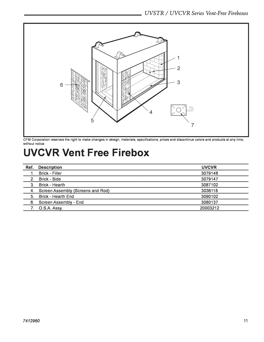 CFM UVCVR36, UVSTR36 UVCVR Vent Free Firebox, UVSTR / UVCVR Series Vent-Free Fireboxes, Description, Uvcvr, 7412960 