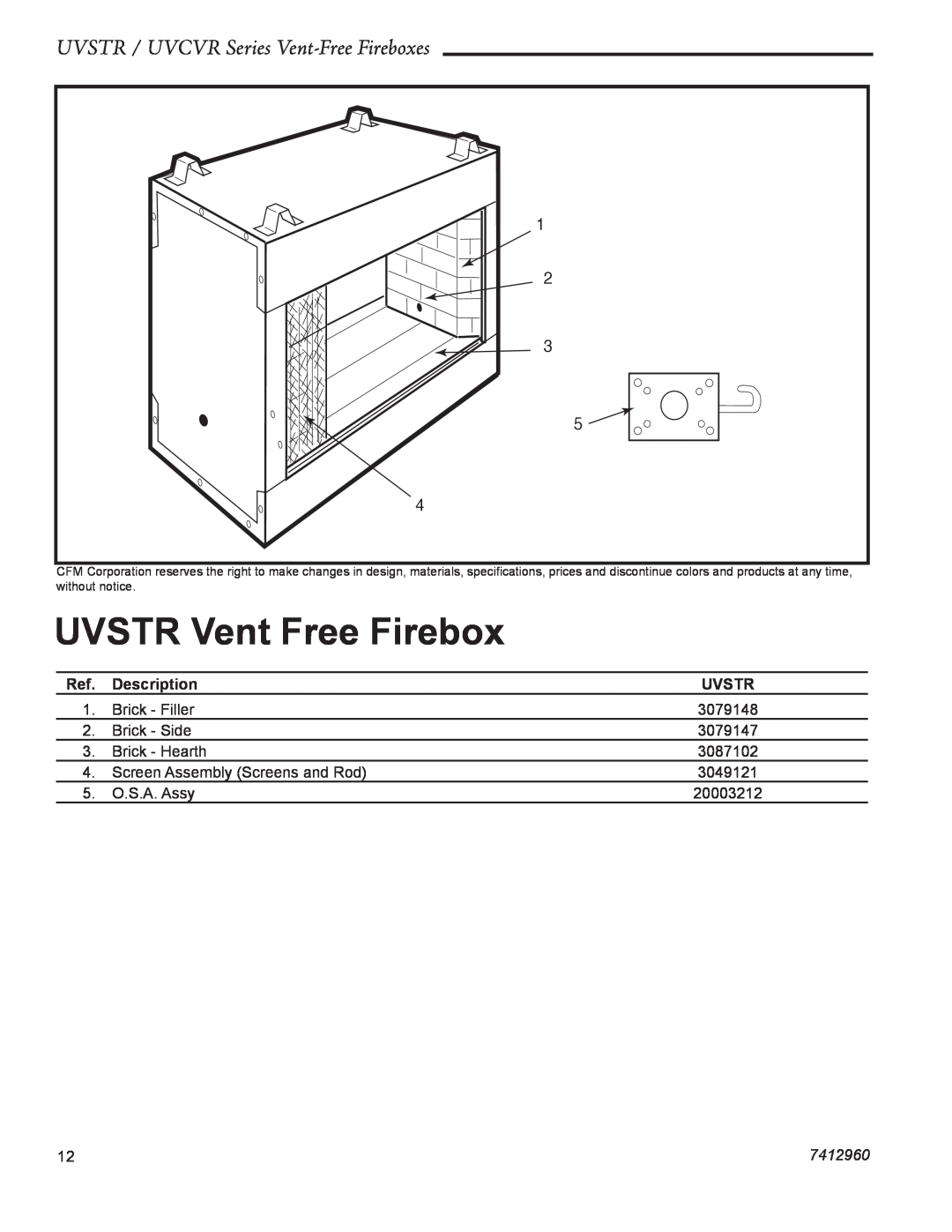 CFM UVSTR36, UVCVR36 dimensions UVSTR Vent Free Firebox, UVSTR / UVCVR Series Vent-Free Fireboxes, 7412960 