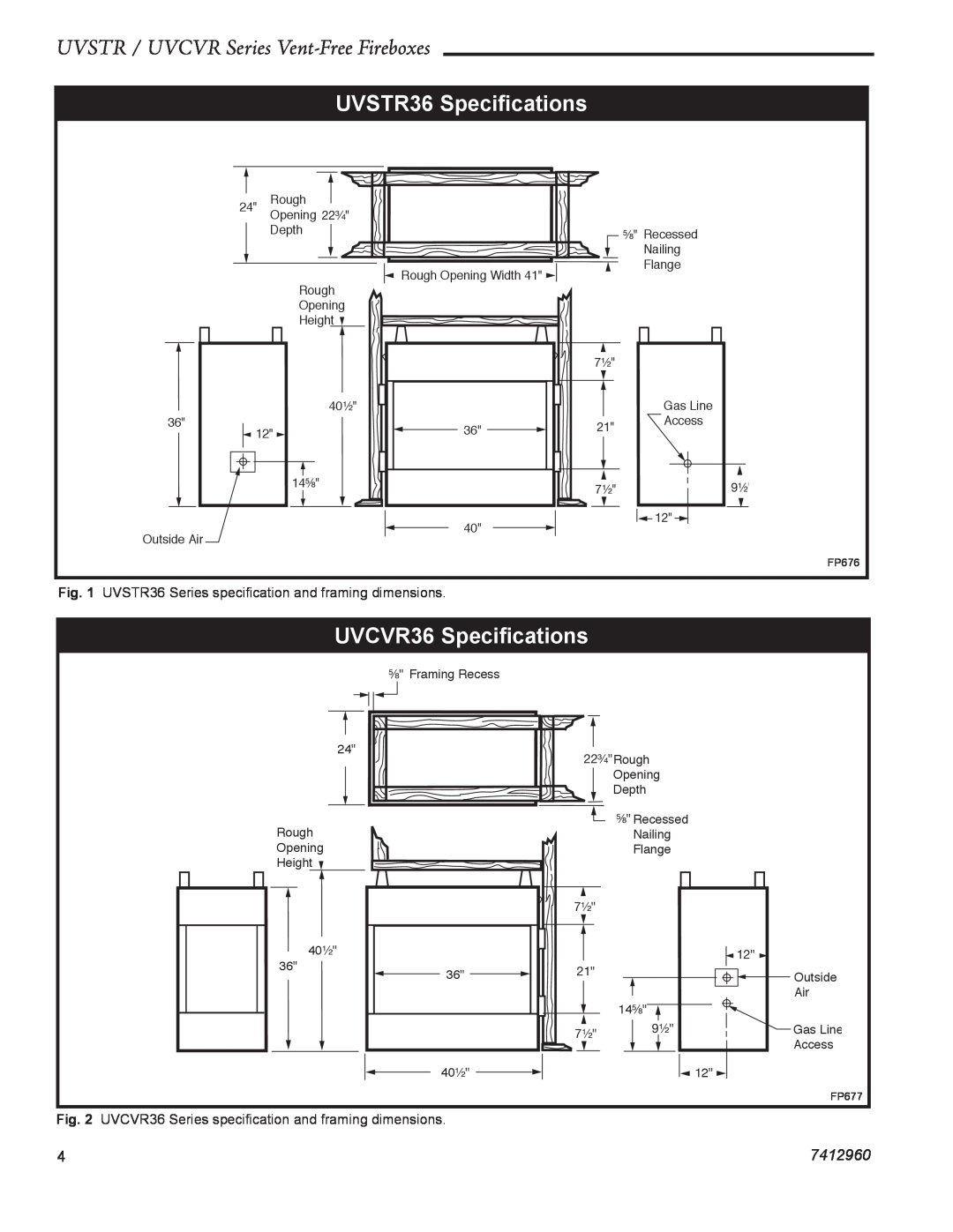 CFM dimensions UVSTR / UVCVR Series Vent-Free Fireboxes, UVSTR36 Speciﬁcations, UVCVR36 Speciﬁcations, 7412960 
