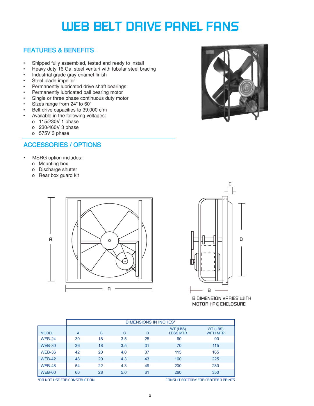 CFM WEB-60, WEB-30, WEB-24, WEB-42, WEB-0807, WEB-48, WEB-36 Features & Benefits, Accessories / Options, Dimensions in Inches 