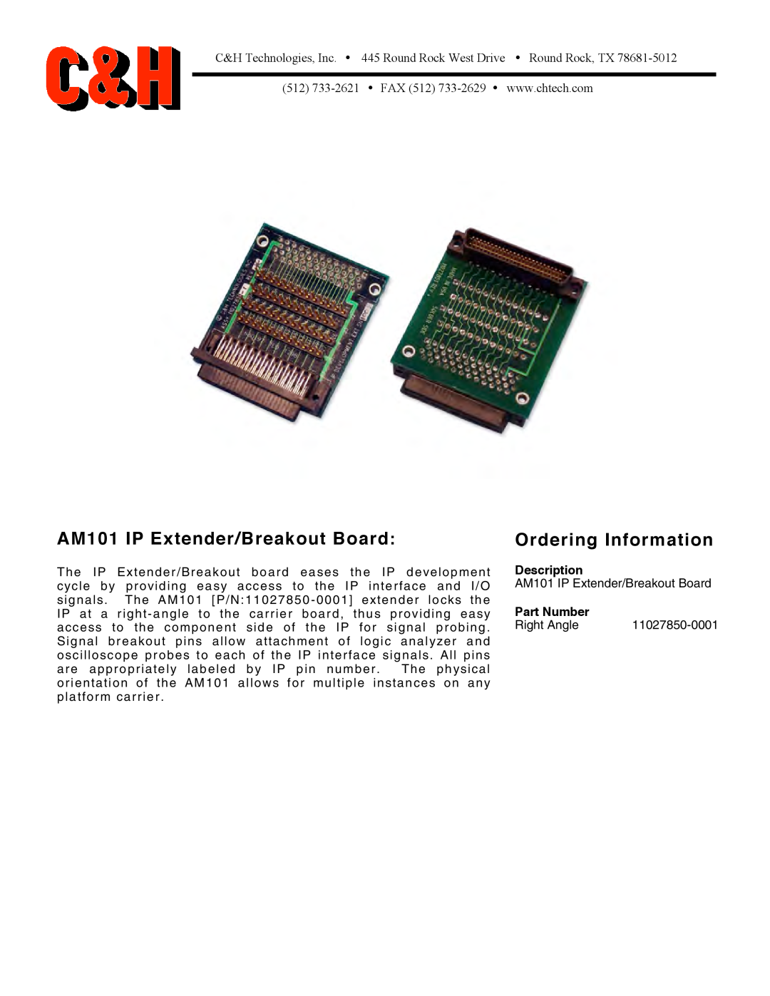 CH Tech manual AM101 IP Extender/Breakout Board, Ordering Information, Description, Part Number 