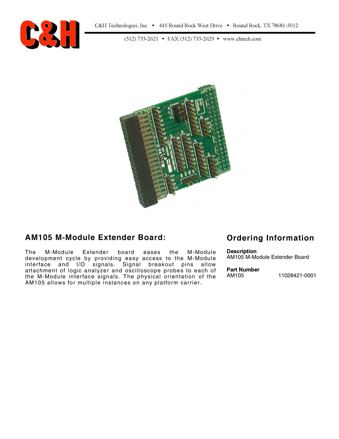 CH Tech manual AM105 M-Module Extender Board, Ordering Information, Description, Part Number 