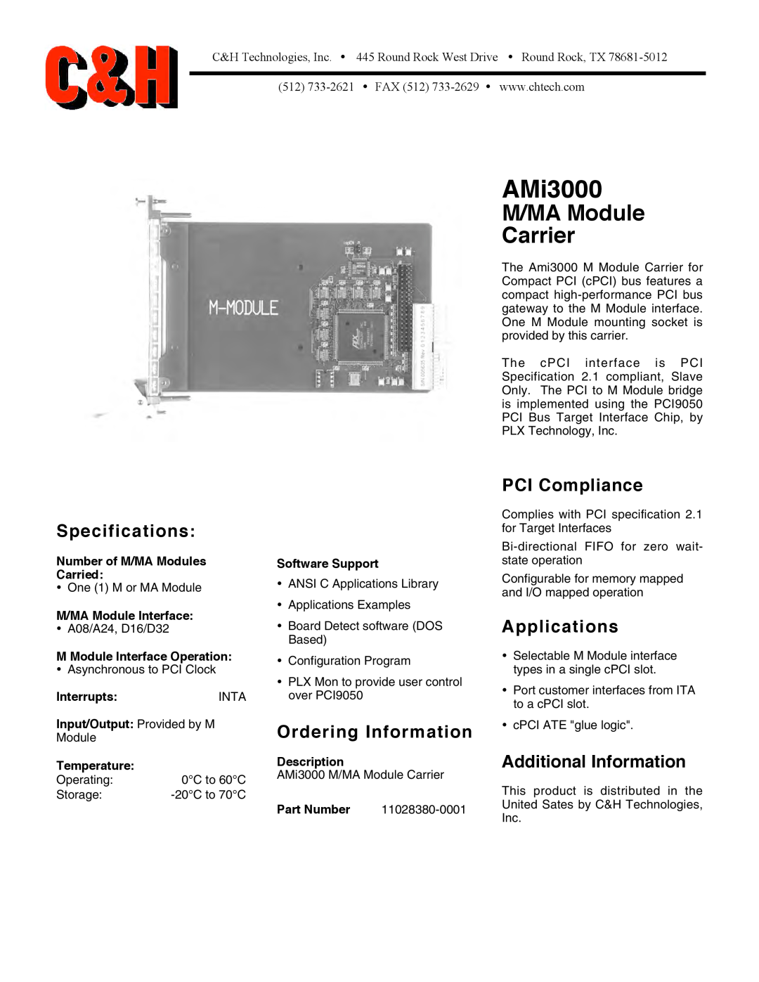 CH Tech AMi3000 specifications M/MA Module Carrier, Specifications, Ordering Information, PCI Compliance, Applications 