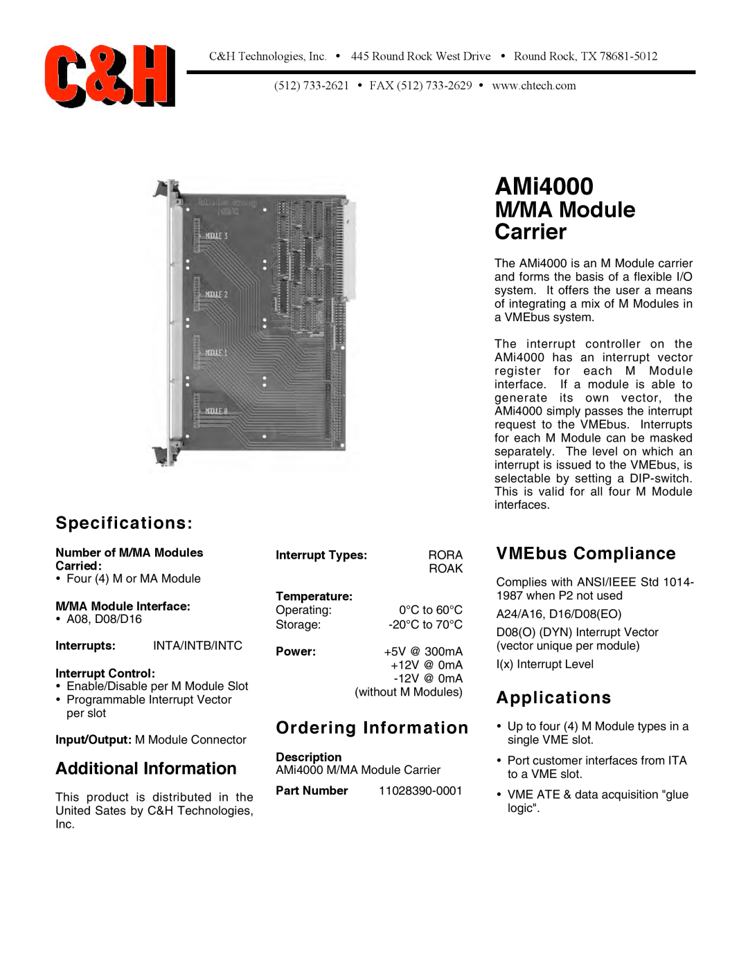 CH Tech AMi4000 specifications M/MA Module Carrier, Specifications, Additional Information, Ordering Information, Power 