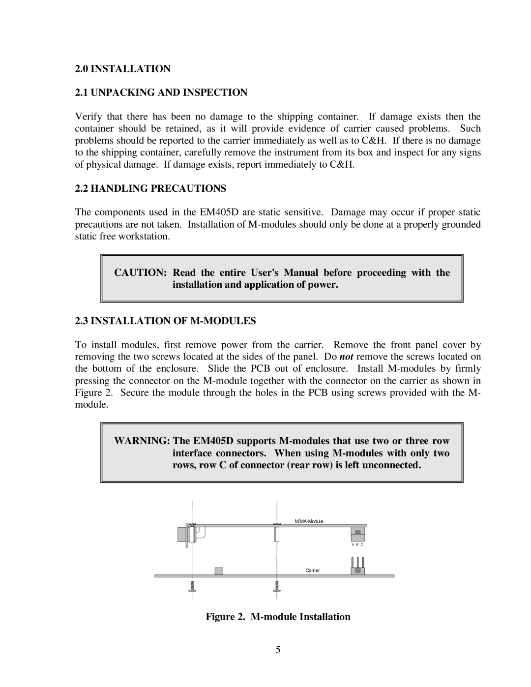 CH Tech EM405D user manual Installation Unpacking and Inspection, Handling Precautions, Installation of M-MODULES 