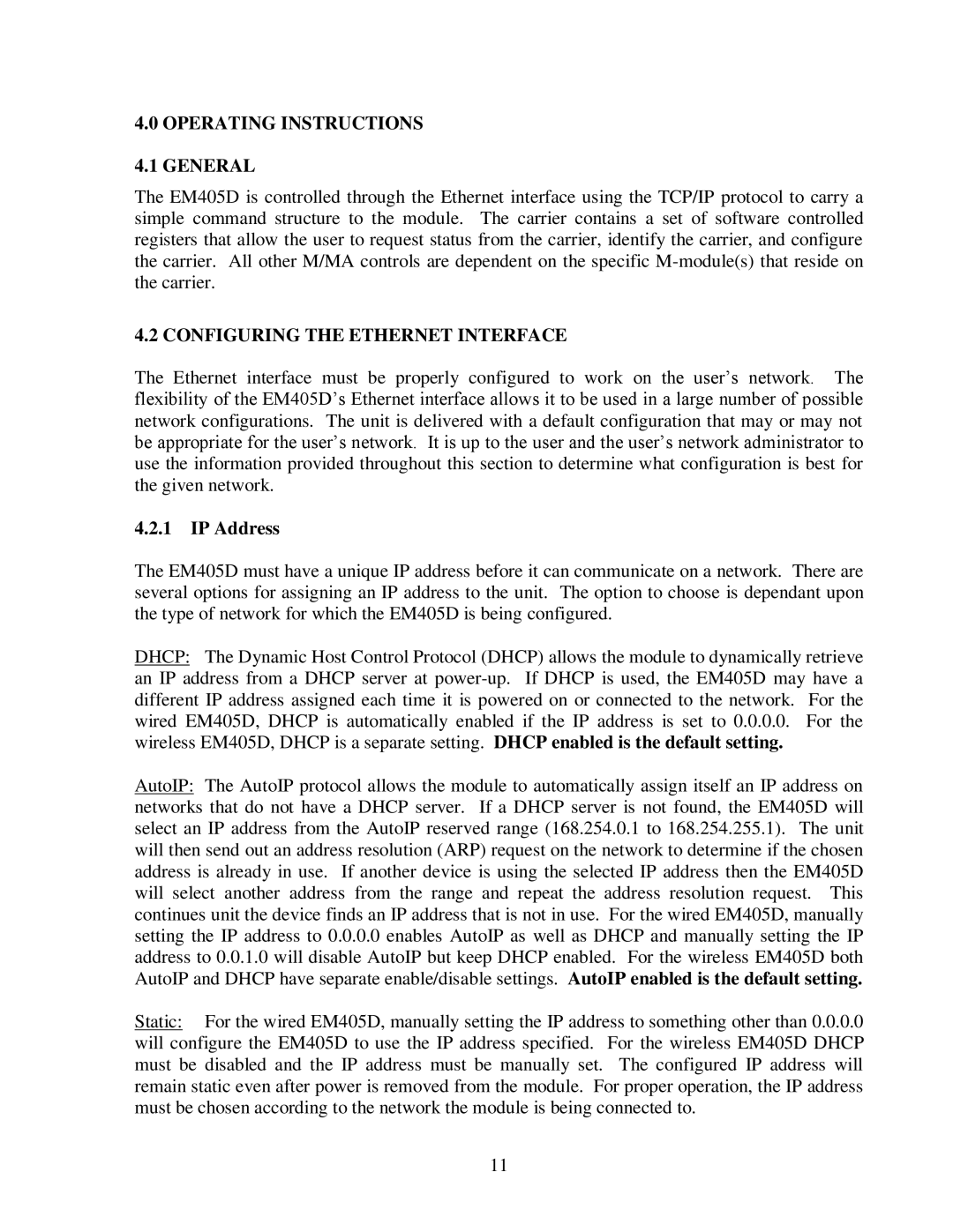 CH Tech EM405D user manual Operating Instructions General, Configuring the Ethernet Interface, IP Address 