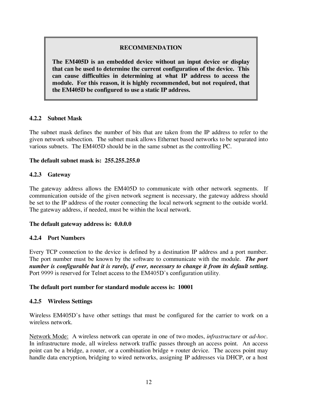 CH Tech EM405D user manual Recommendation, Default subnet mask is Gateway, Default gateway address is Port Numbers 