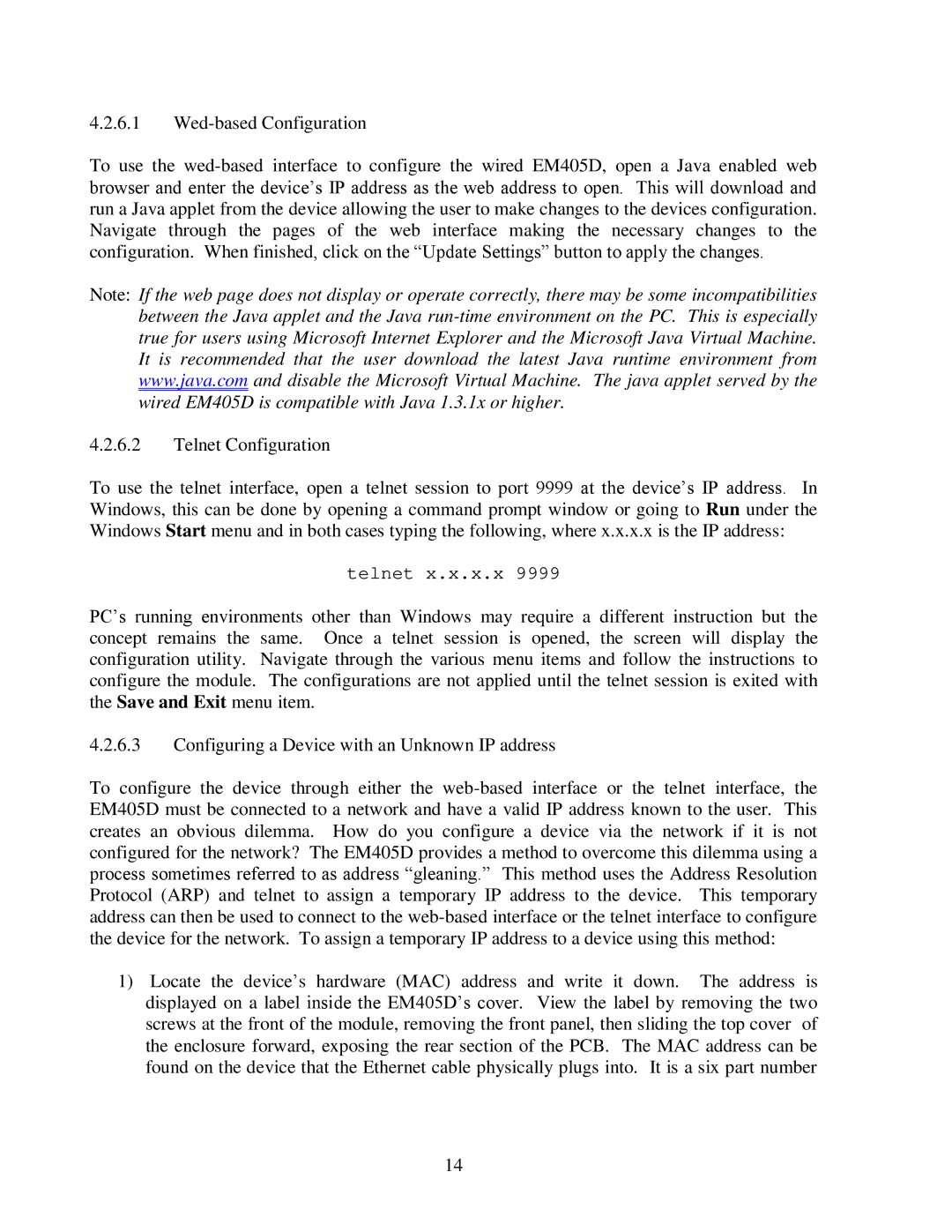 CH Tech EM405D user manual Telnet x.x.x.x 