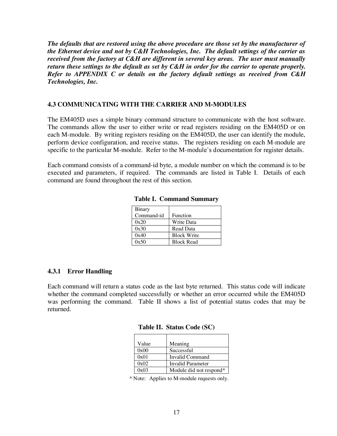 CH Tech EM405D user manual Communicating with the Carrier and M-MODULES, Table I. Command Summary, Error Handling 