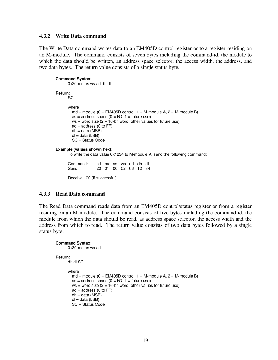 CH Tech EM405D user manual Write Data command, Read Data command 