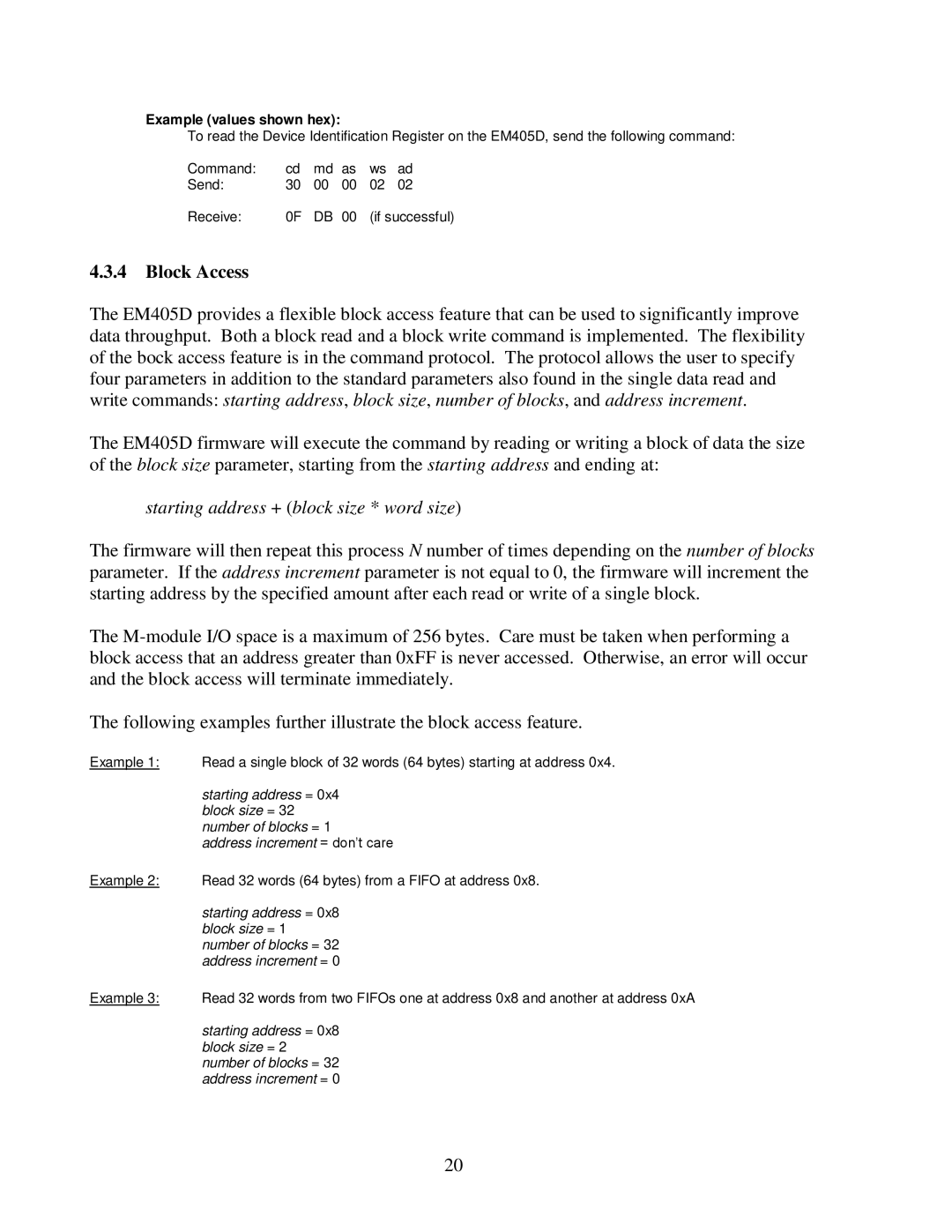 CH Tech EM405D user manual Block Access, Starting address + block size * word size 