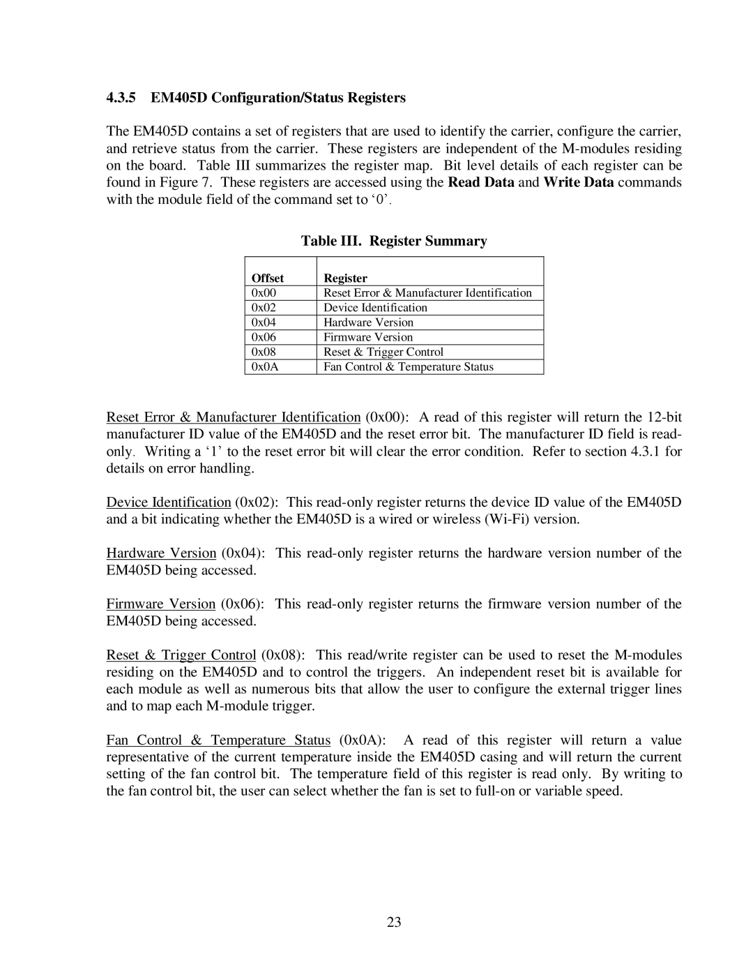 CH Tech user manual 5 EM405D Configuration/Status Registers, Table III. Register Summary 