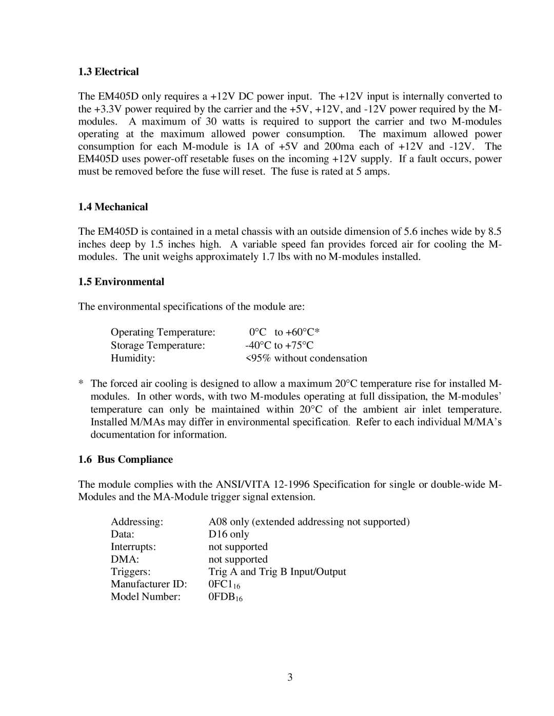 CH Tech EM405D user manual Electrical, Mechanical, Environmental, Bus Compliance 