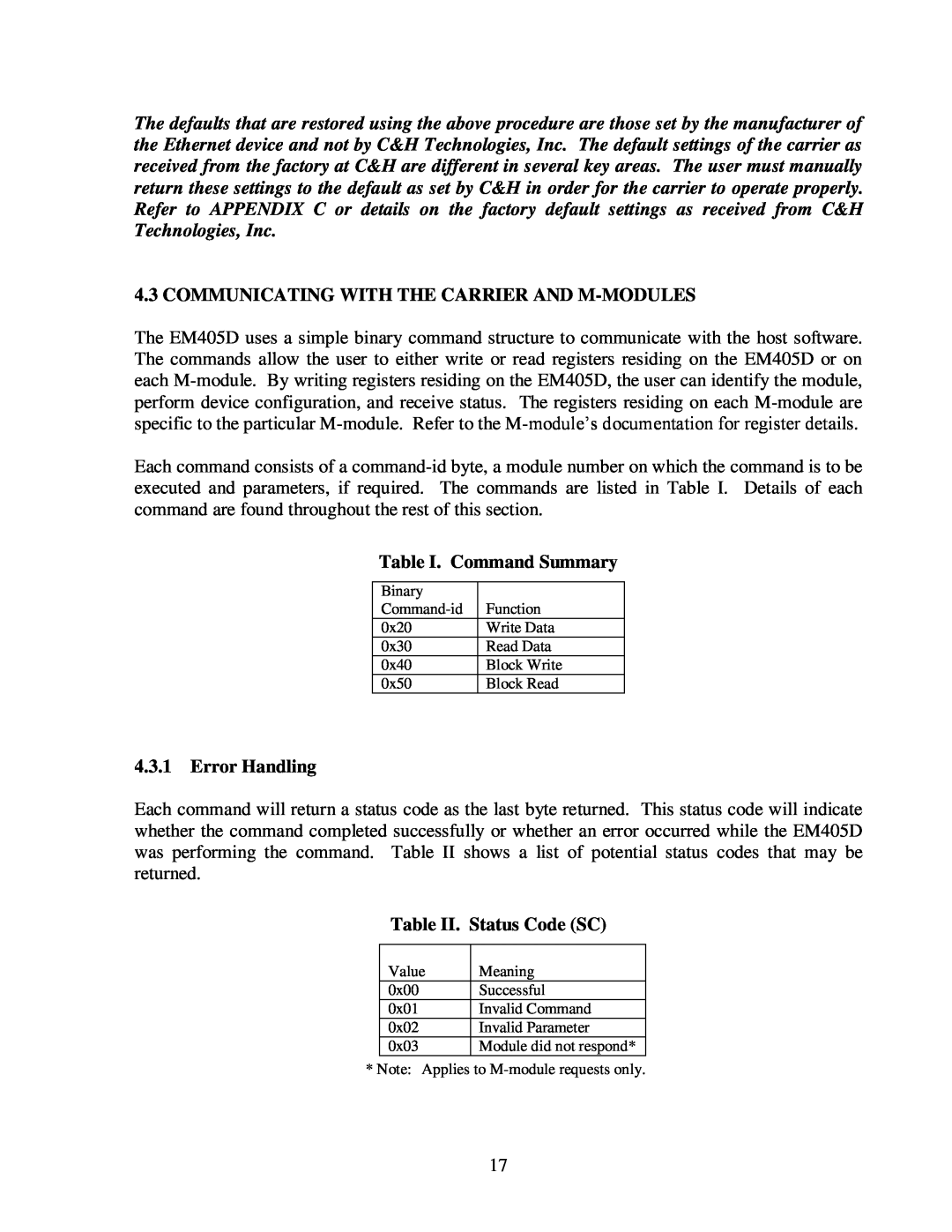 CH Tech EM405D user manual Communicating With The Carrier And M-Modules, Table I. Command Summary, Error Handling 