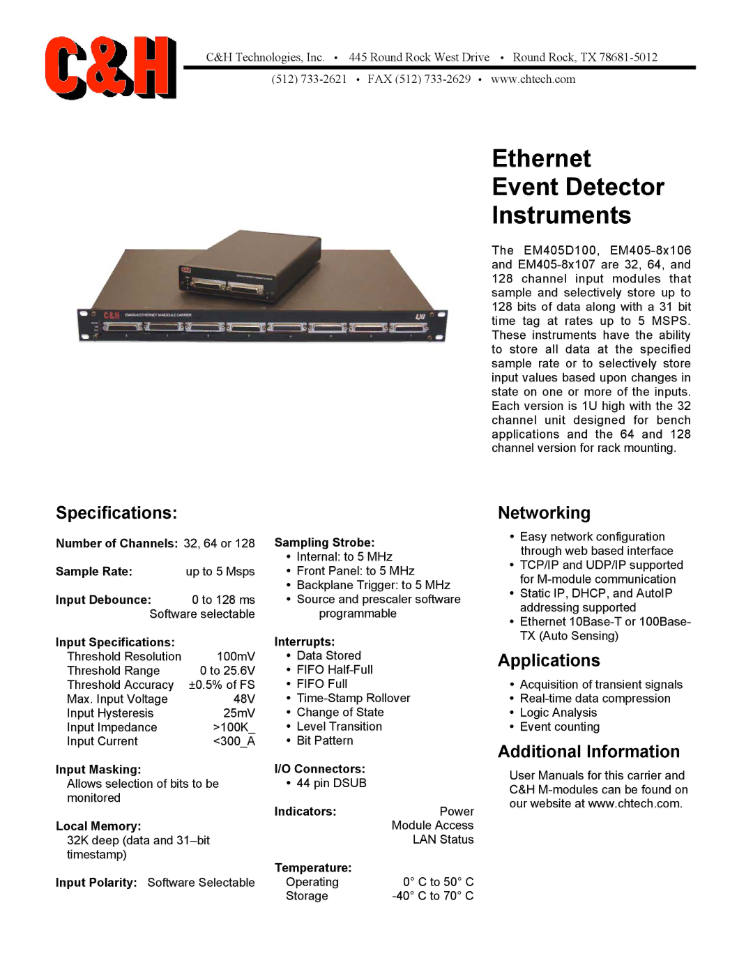 CH Tech EM405D100 specifications Specifications, Networking, Applications, Additional Information 