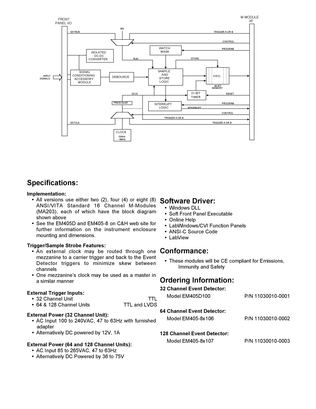 CH Tech EM405D100 specifications Software Driver, Conformance, Ordering Information 