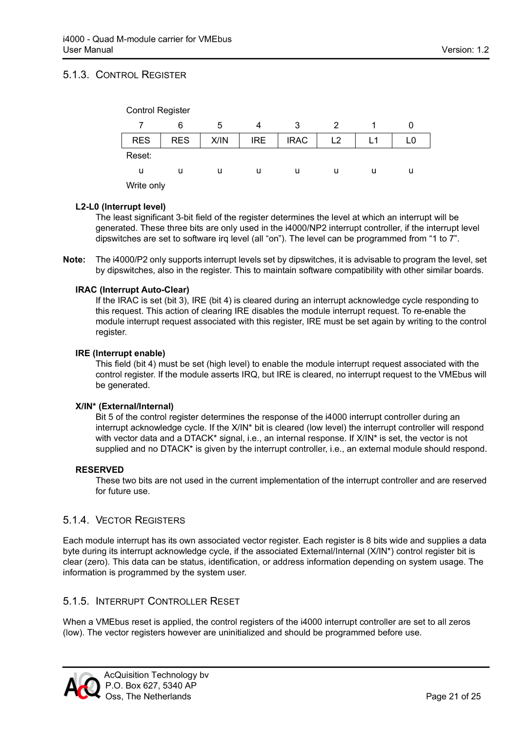 CH Tech i4000 user manual Control Register, RES IRE Irac, Reserved, Vector Registers, Interrupt Controller Reset 