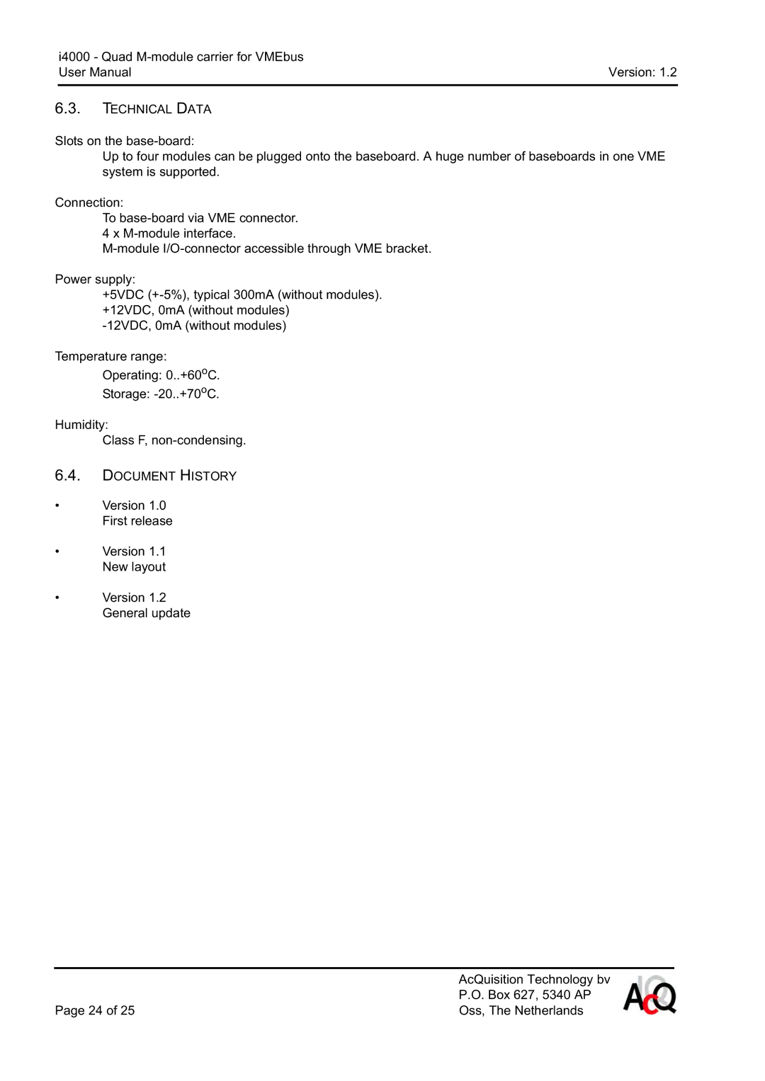 CH Tech i4000 user manual Technical Data, Document History 