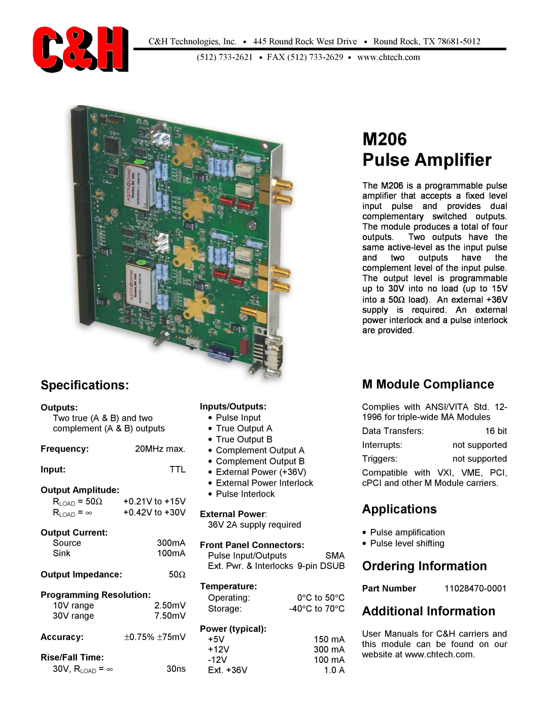 CH Tech specifications M206 Pulse Amplifier, Specifications, M Module Compliance, Applications, Ordering Information 