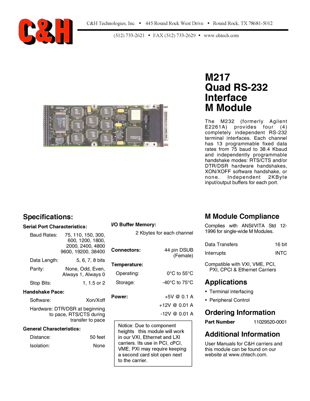 CH Tech specifications M217 Quad RS-232 Interface Module 