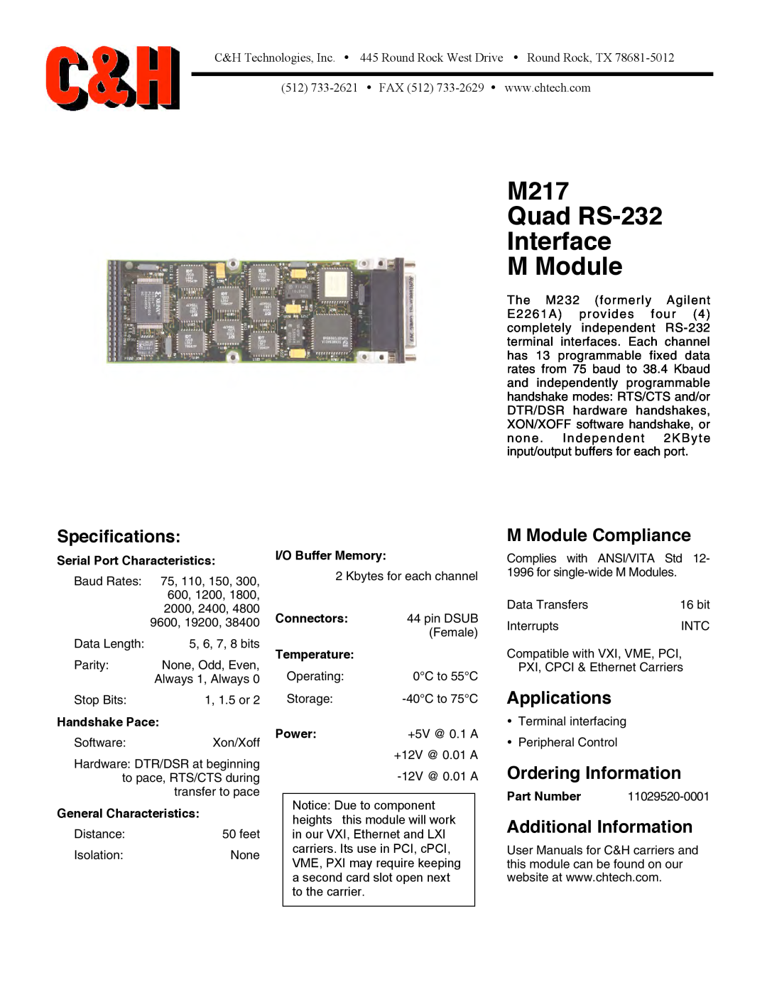 CH Tech specifications M217 Quad RS-232 Interface M Module, Specifications, M Module Compliance, Applications, Power 
