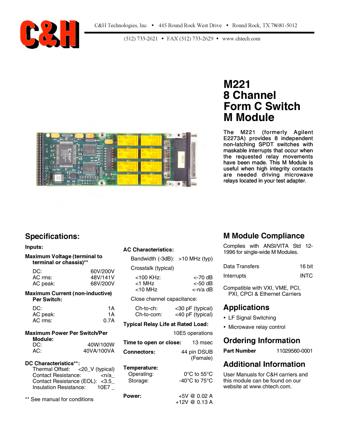 CH Tech specifications M221 8 Channel Form C Switch M Module, Specifications, M Module Compliance, Applications 