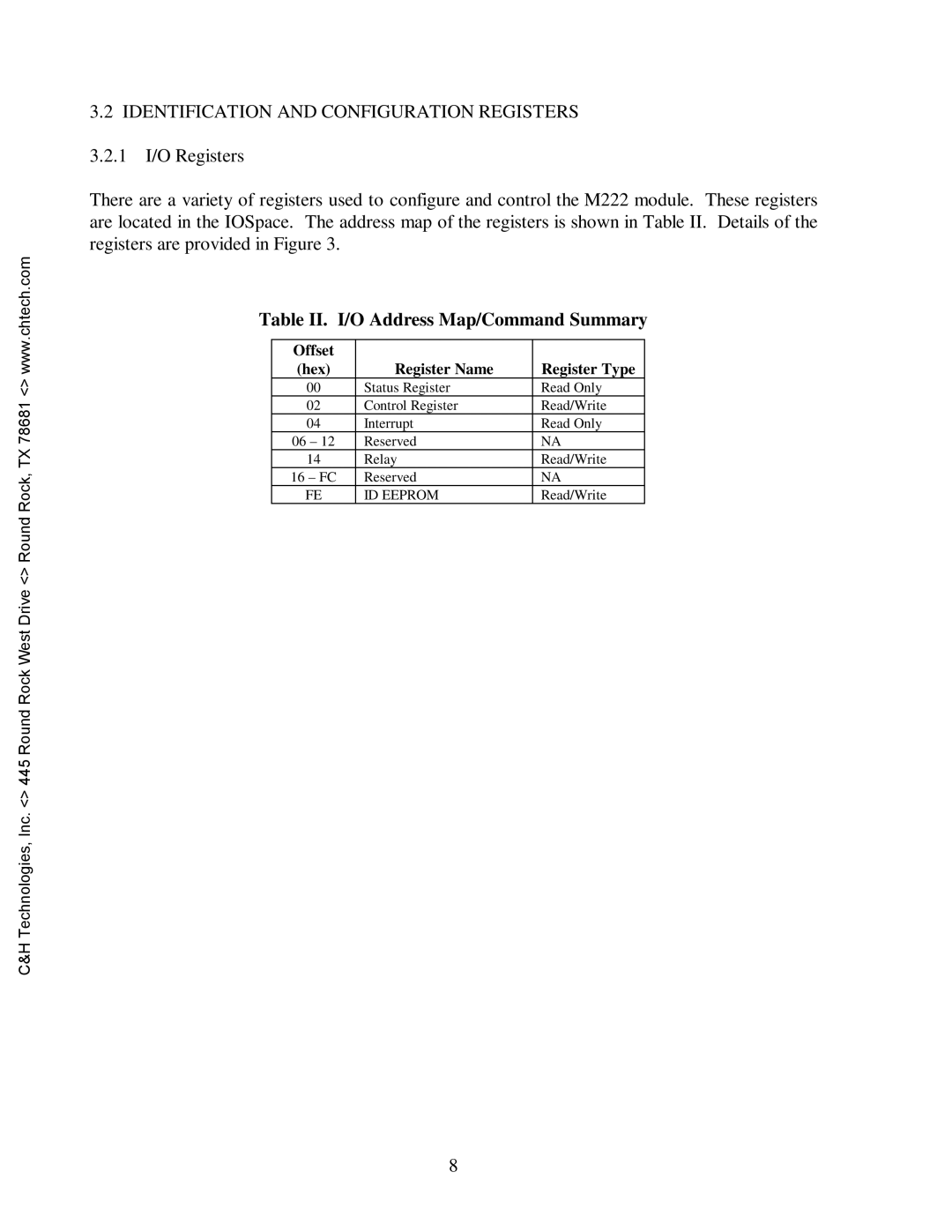 CH Tech M222 user manual Table II. I/O Address Map/Command Summary, Offset Hex Register Name Register Type 