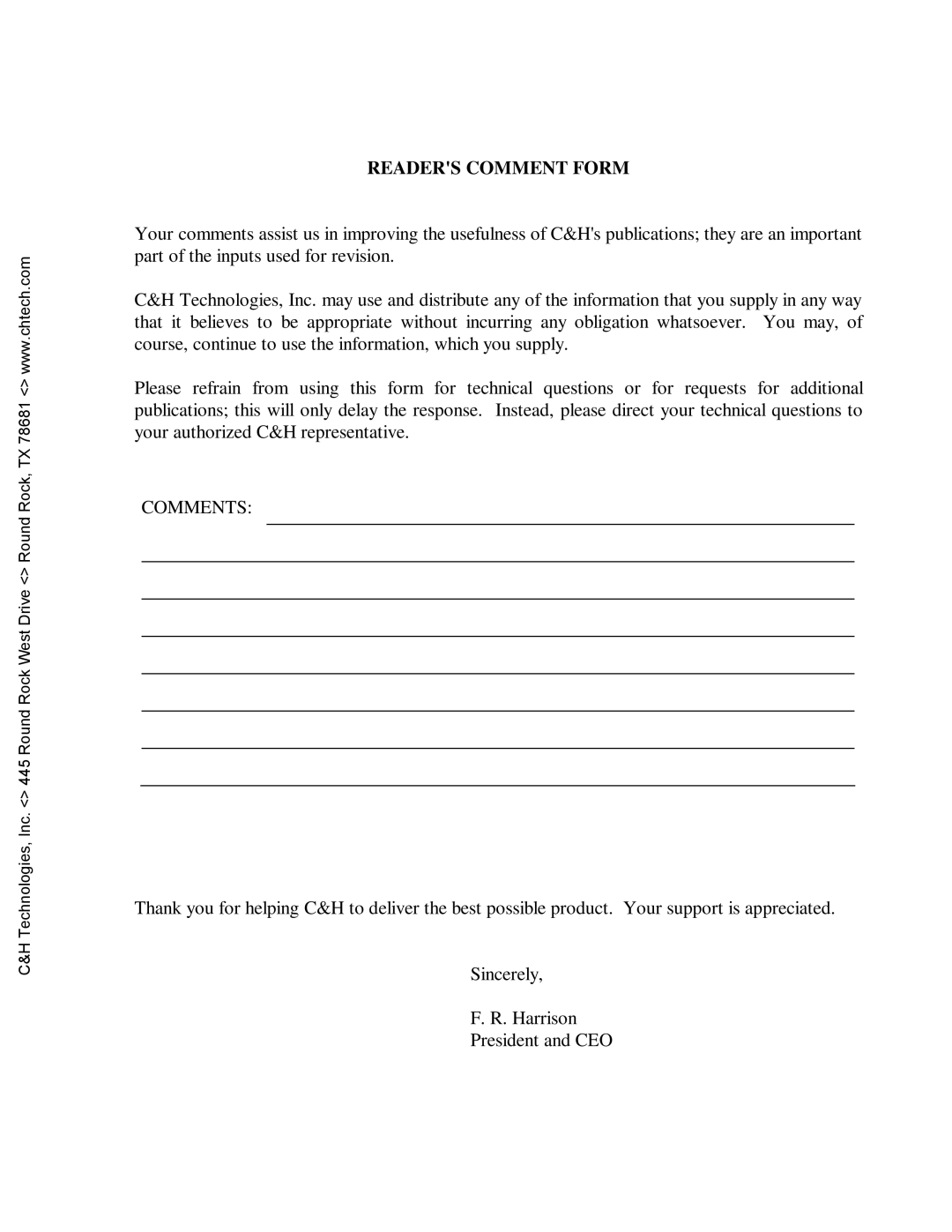 CH Tech M222 user manual Readers Comment Form, Comments 