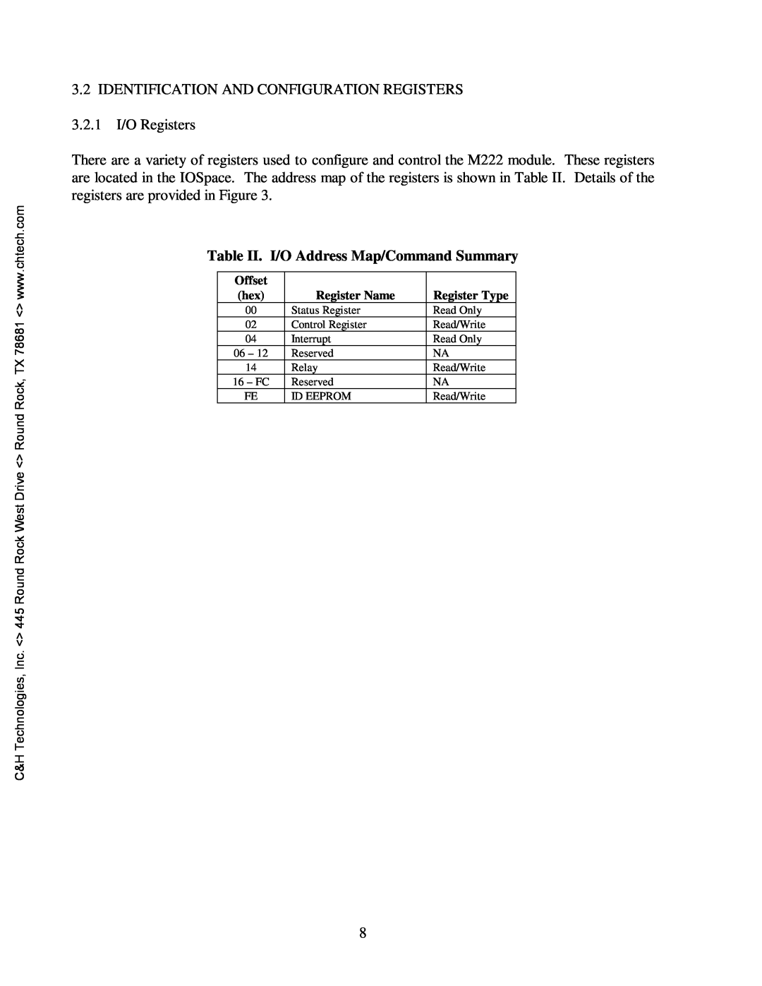 CH Tech M222 user manual Table II. I/O Address Map/Command Summary 