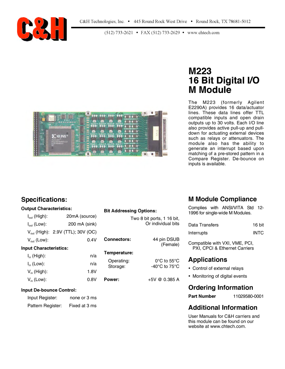 CH Tech specifications M223 Bit Digital I/O Module 