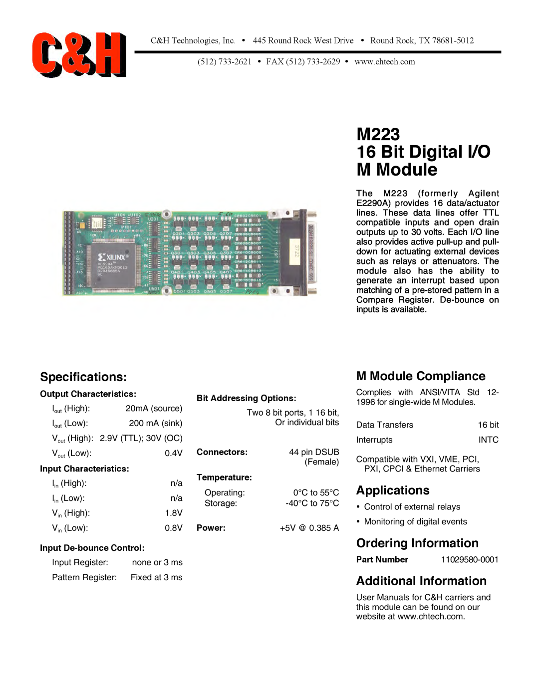 CH Tech specifications M223 16 Bit Digital I/O M Module, Specifications, M Module Compliance, Applications, Connectors 