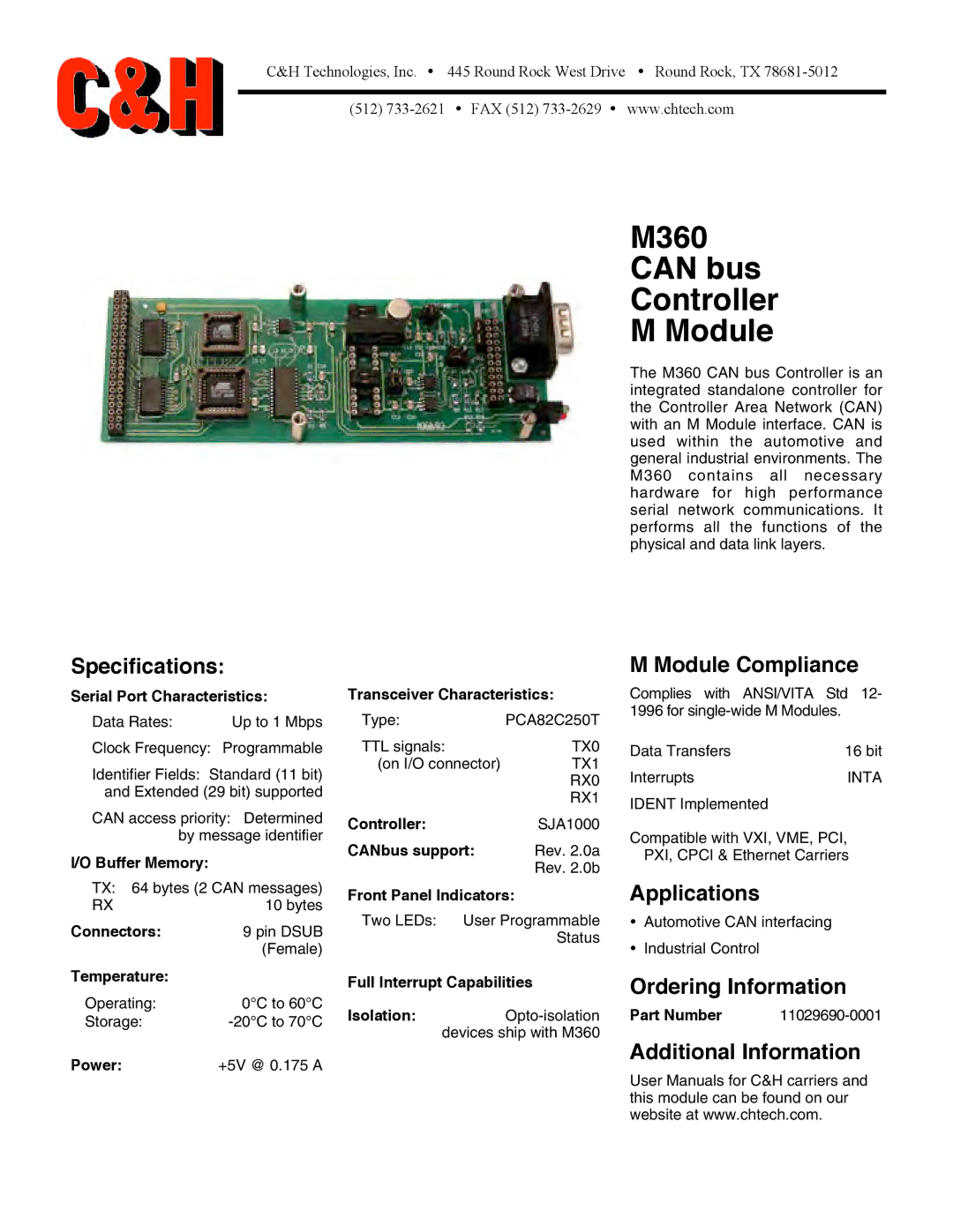 CH Tech specifications M360 Can bus Controller Module 