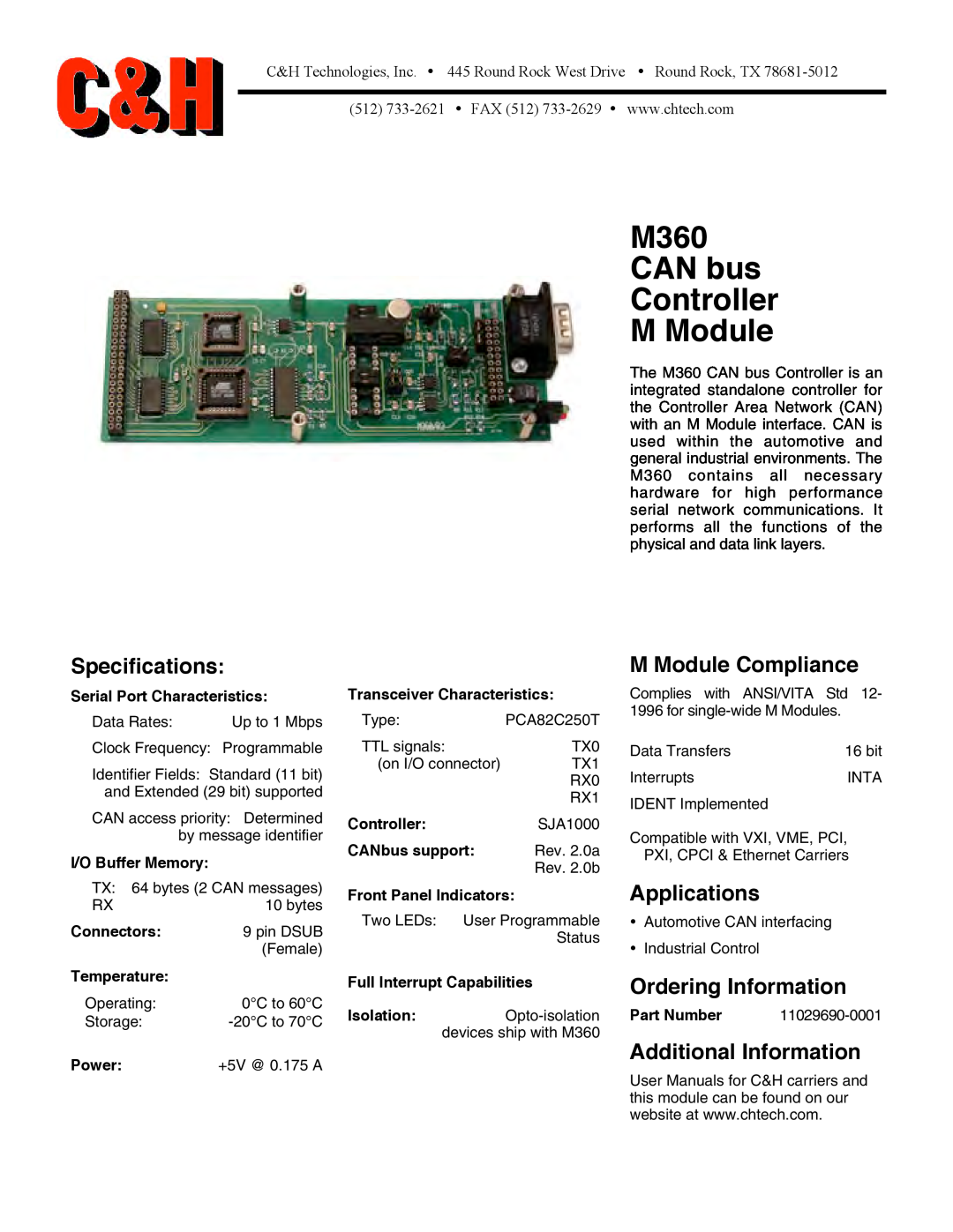 CH Tech specifications M360 CAN bus Controller M Module, Specifications, M Module Compliance, Applications 