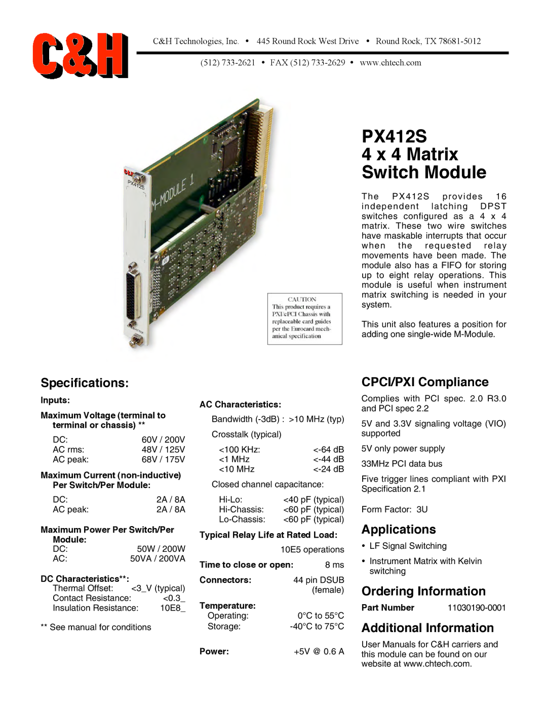 CH Tech specifications PX412S 4 Matrix Switch Module 