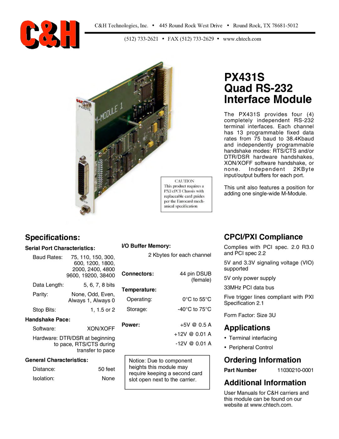 CH Tech specifications PX431S Quad RS-232 Interface Module 