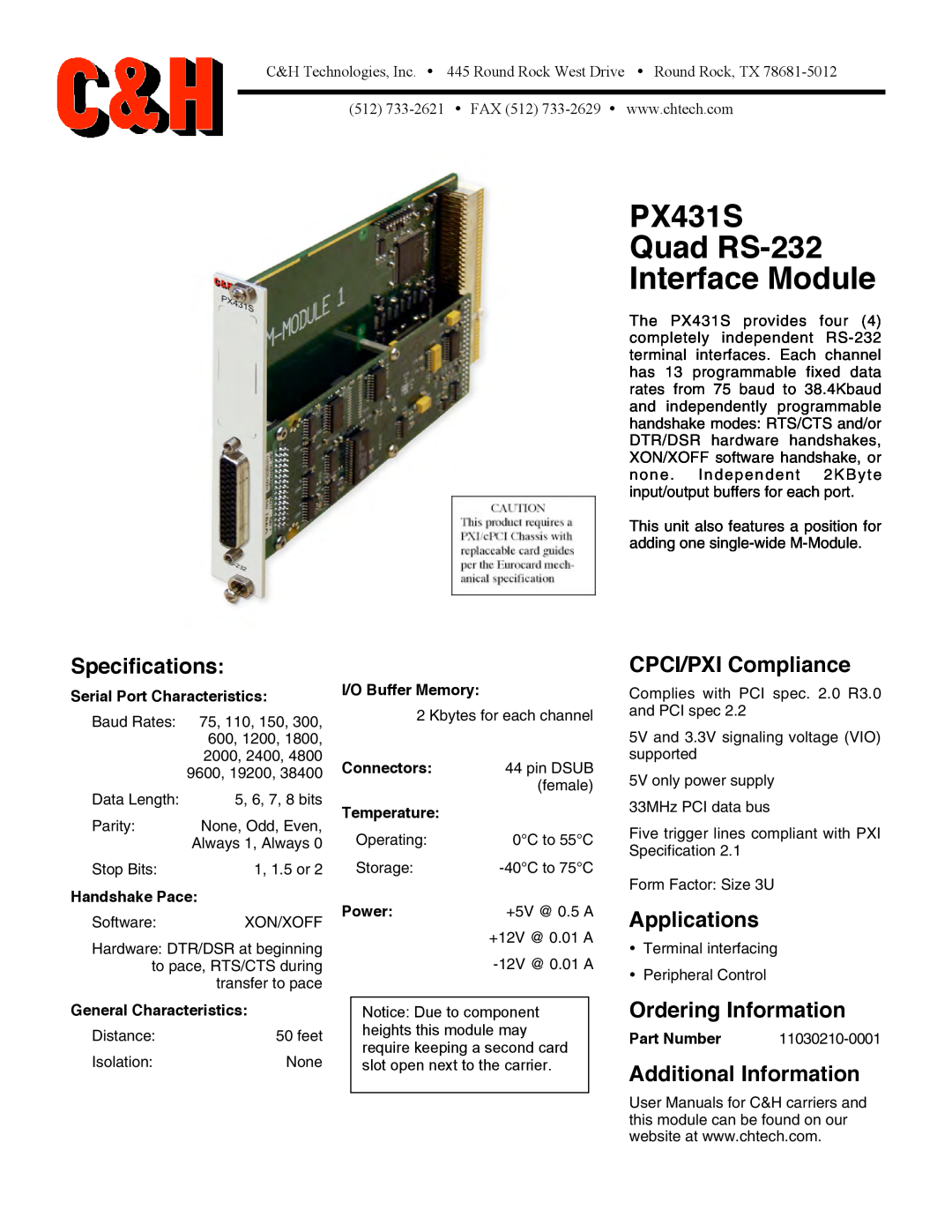 CH Tech specifications PX431S Quad RS-232 Interface Module, Specifications, CPCI/PXI Compliance, Applications, Power 