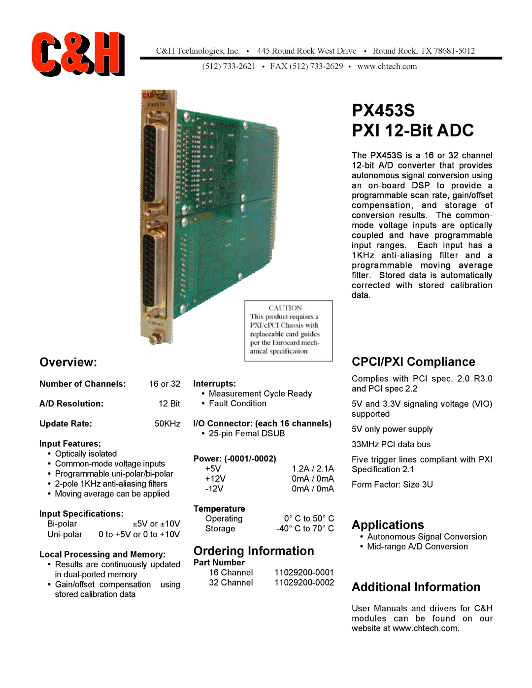 CH Tech user manual PX453S PXI 12-Bit ADC, Overview, Ordering Information, CPCI/PXI Compliance, Applications 