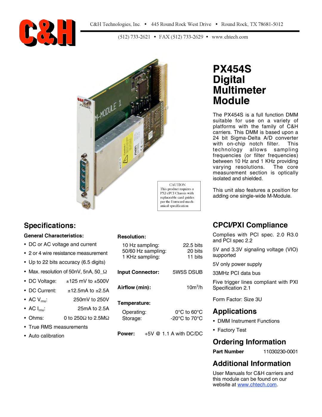 CH Tech PX454S specifications Specifications, CPCI/PXI Compliance, Applications, Ordering Information 