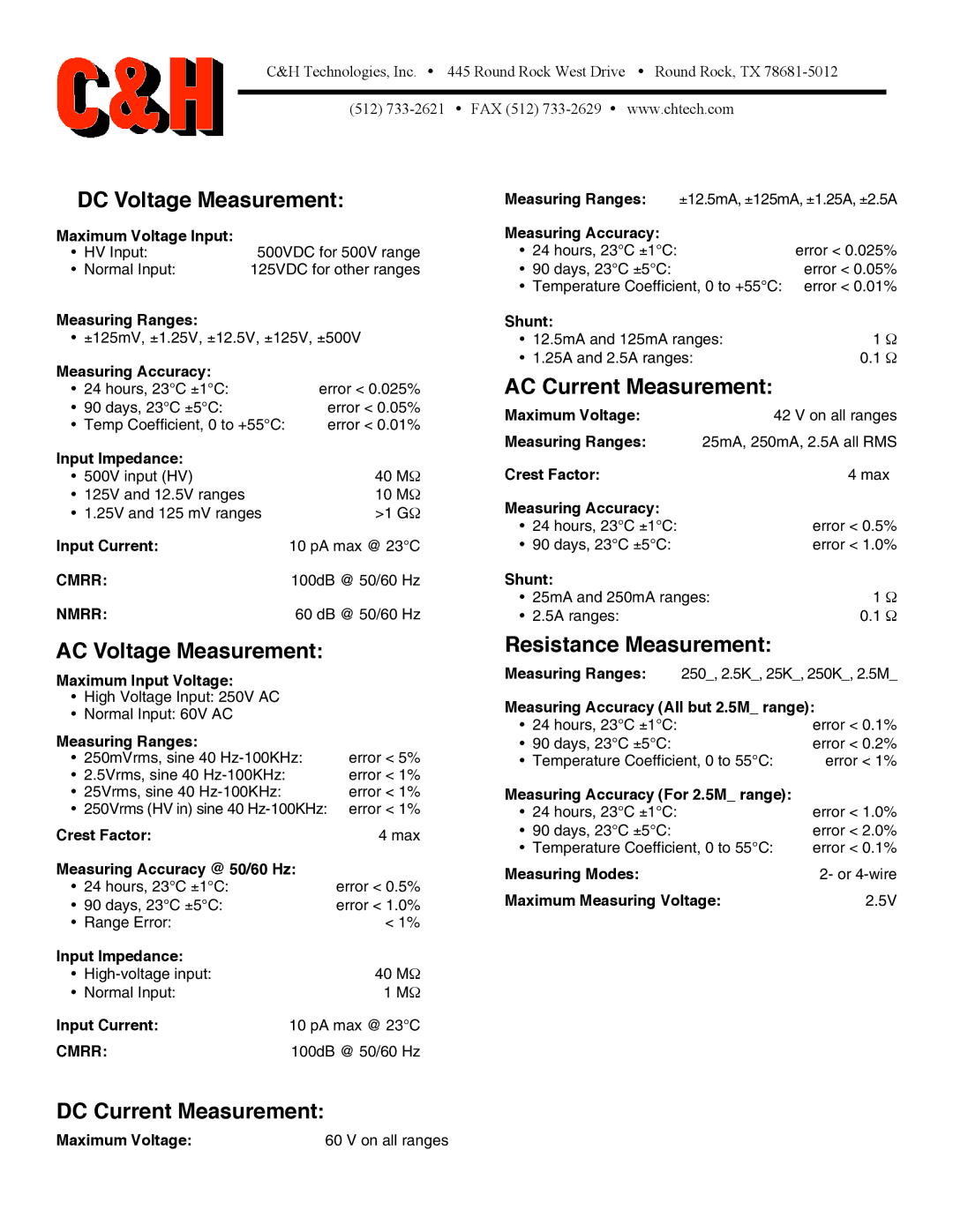 CH Tech PX454S DC Voltage Measurement, AC Voltage Measurement, Resistance Measurement, DC Current Measurement 