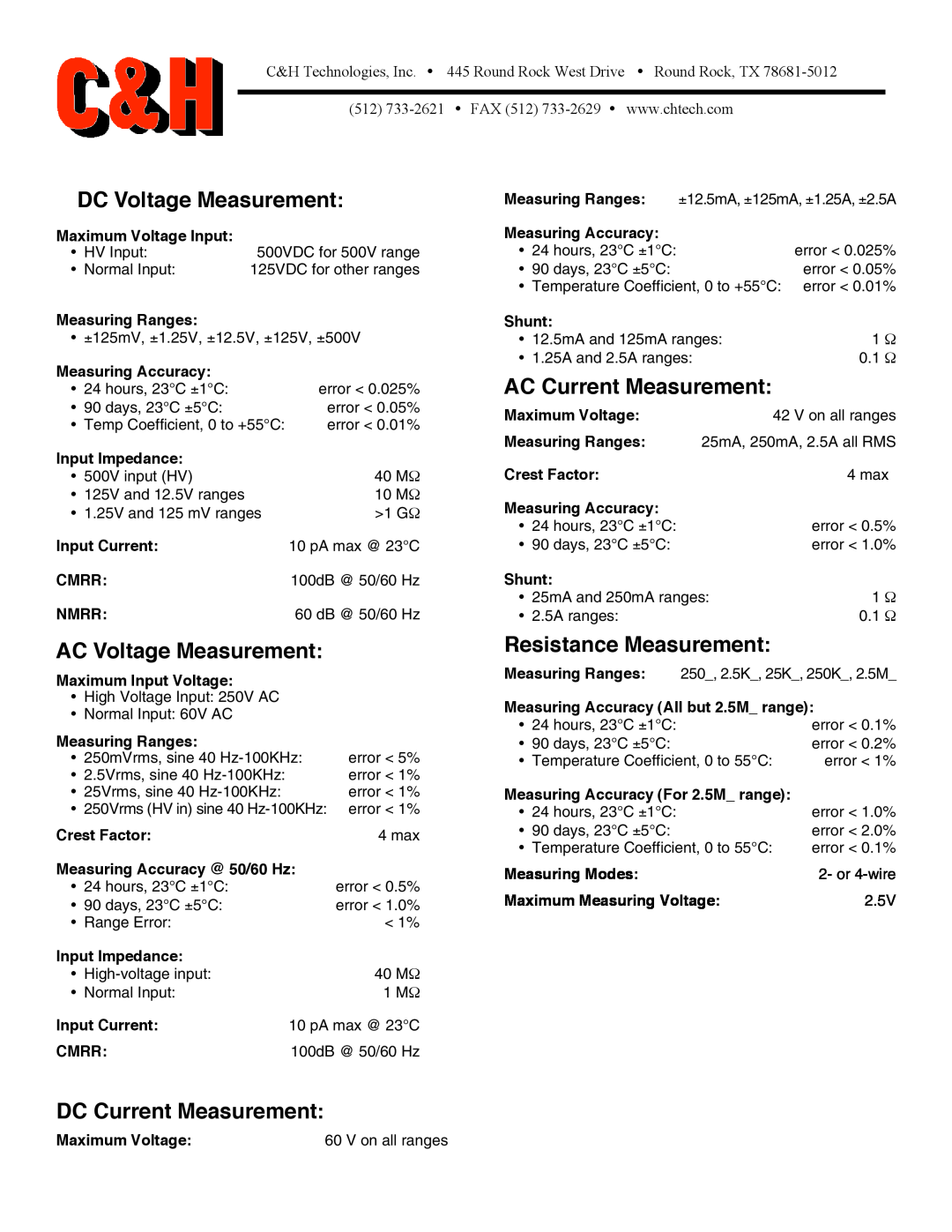 CH Tech PX454S DC Voltage Measurement, AC Voltage Measurement, Resistance Measurement, DC Current Measurement 